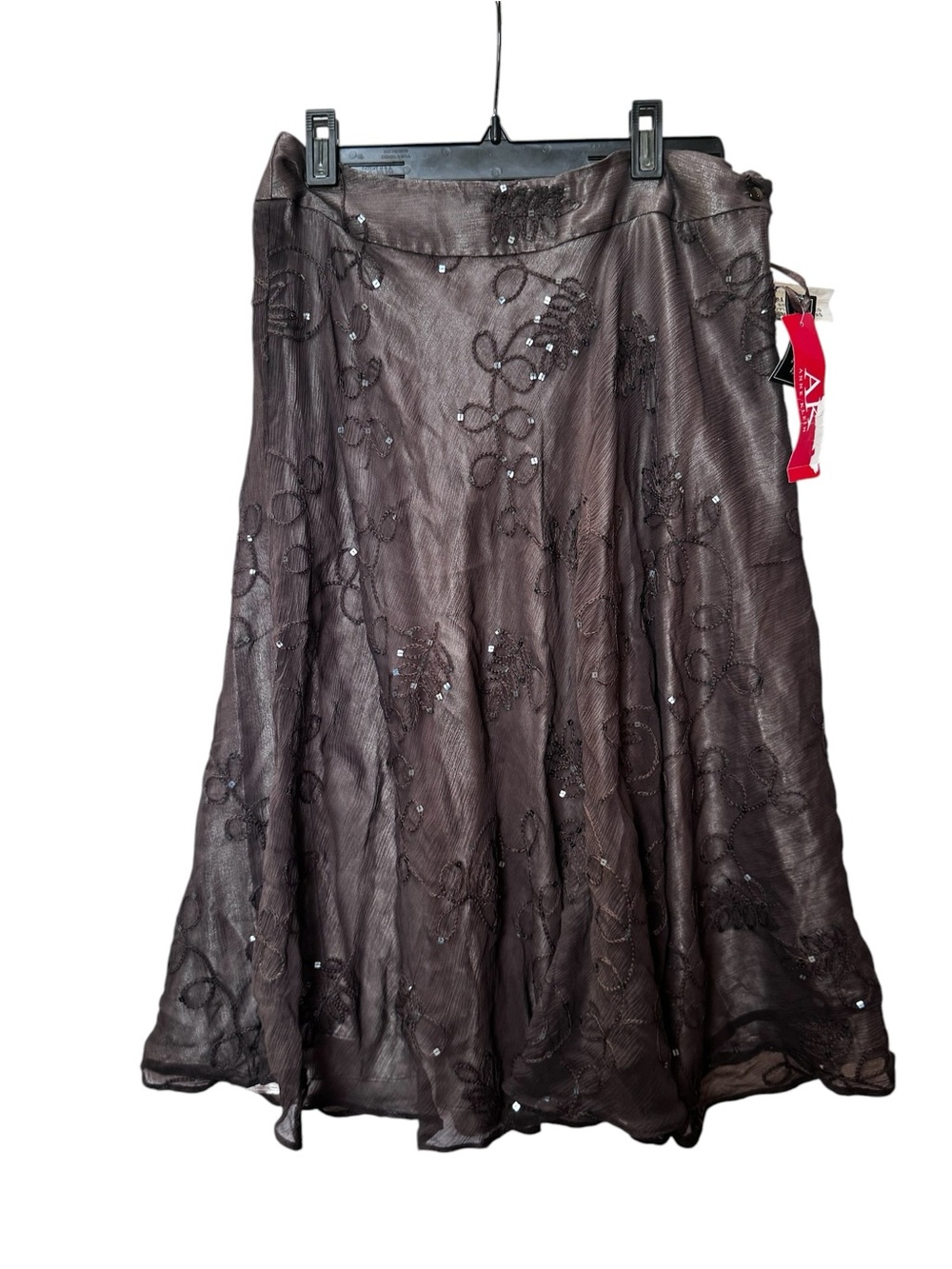 Anne Klein NEW Y2K 100% Silk Sheer Embroidered Sequin Midi Skirt Brown 4 Boho - Picture 2 of 16